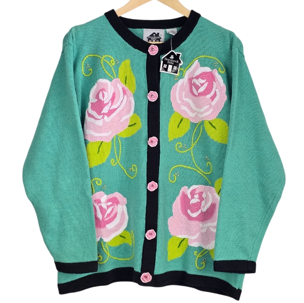 *VTG/NWT* STORYBOOK KNITS Pink Rose Cardigan, Vintage Teal Floral Knit Sweater